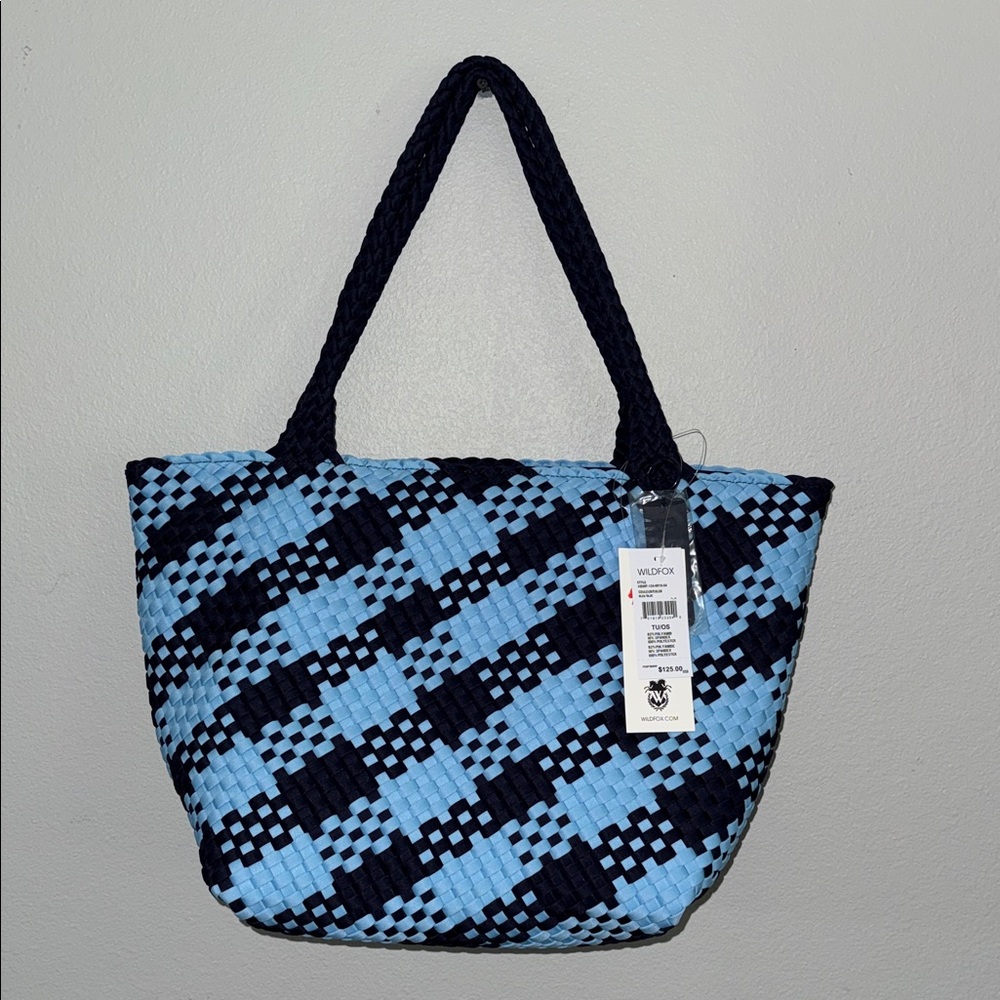 Wildfox Light Blue and Black Woven Tote with Braided Handles